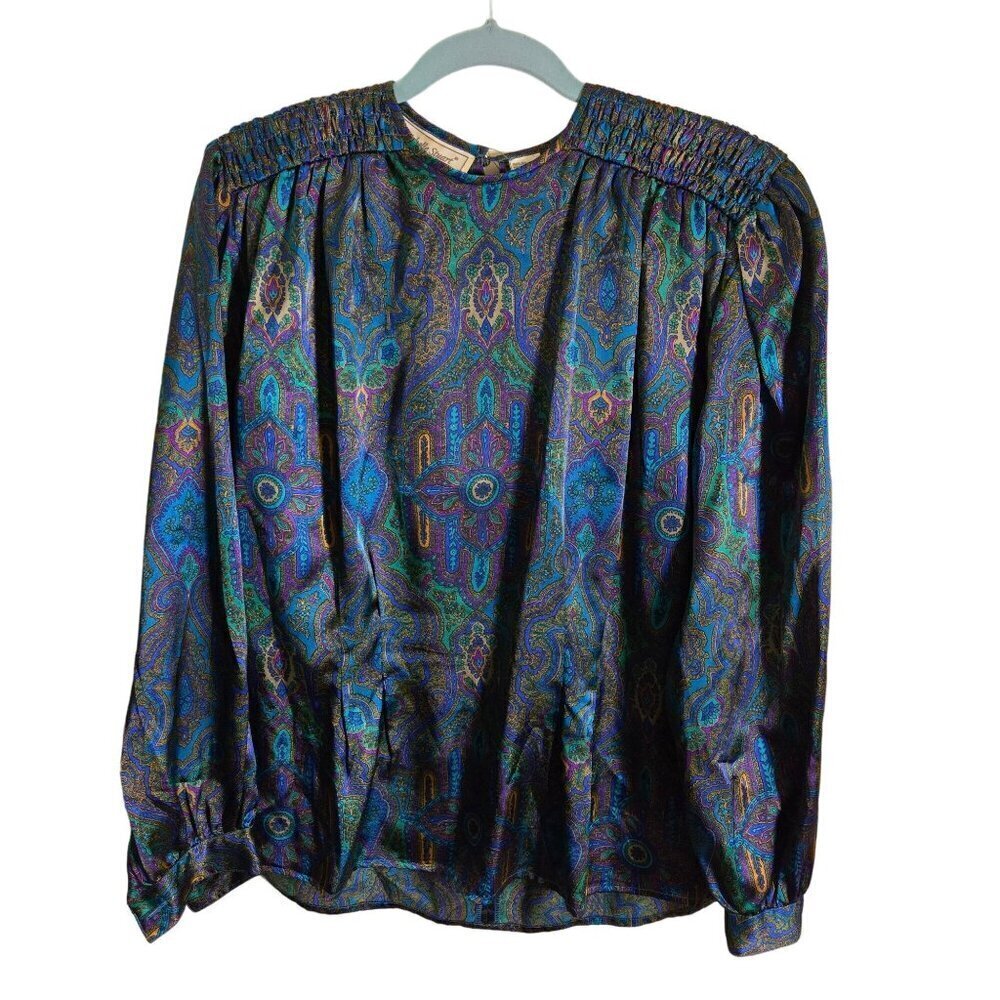Michelle Stuart Vintage 80s Peacock Jewel Tone Color Blouse Size 8